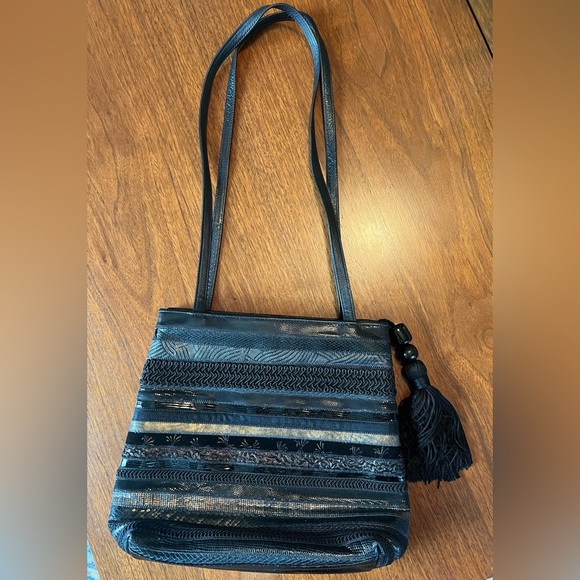 Vintage SHARIF shoulder bag Black patchwork accents pristine condition - Picture 6 of 9